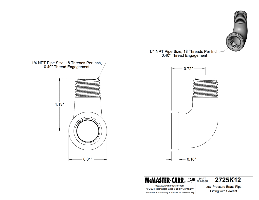 Technical Drawing of Low-Pressure Brass Pipe Fitting with Sealant, 90 Degree Elbow Adapter, 1/4 NPT Female x Male.